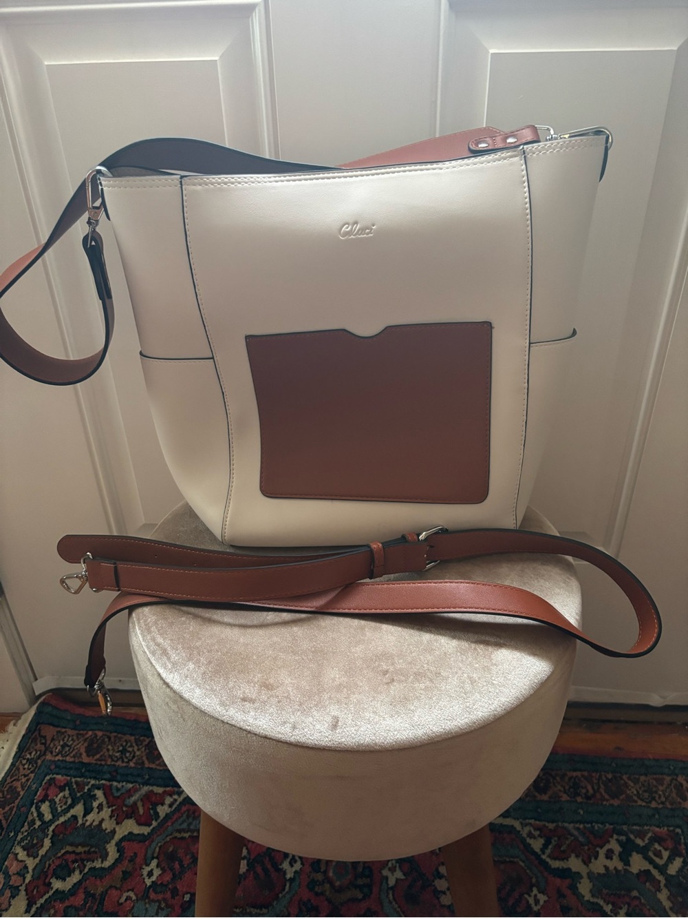 Cream and Brown Two-Tone Shoulder Bag by